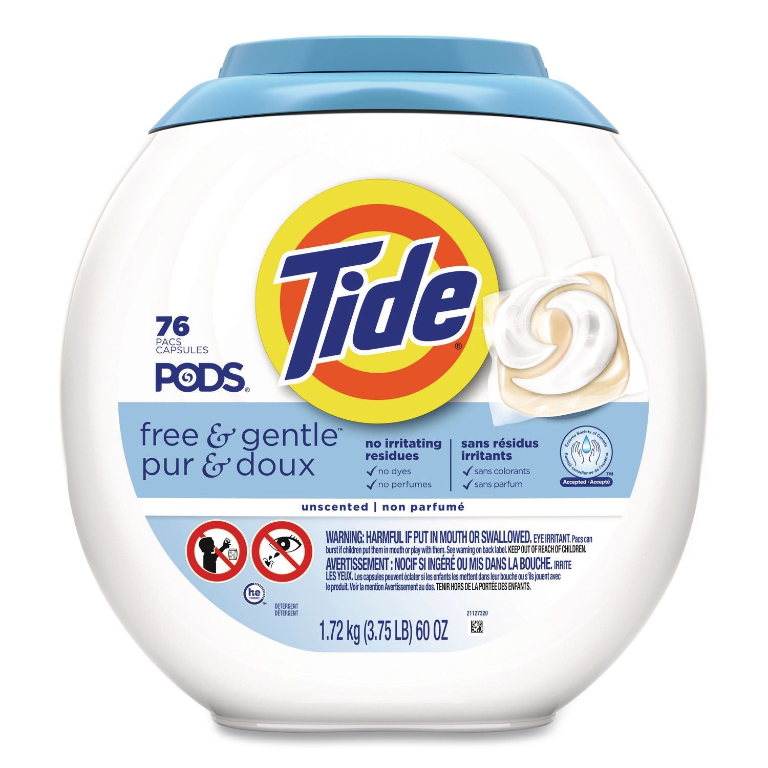 PODS Laundry Detergent, Free and Gentle, 63 oz Tub, 76 Pacs/Tub