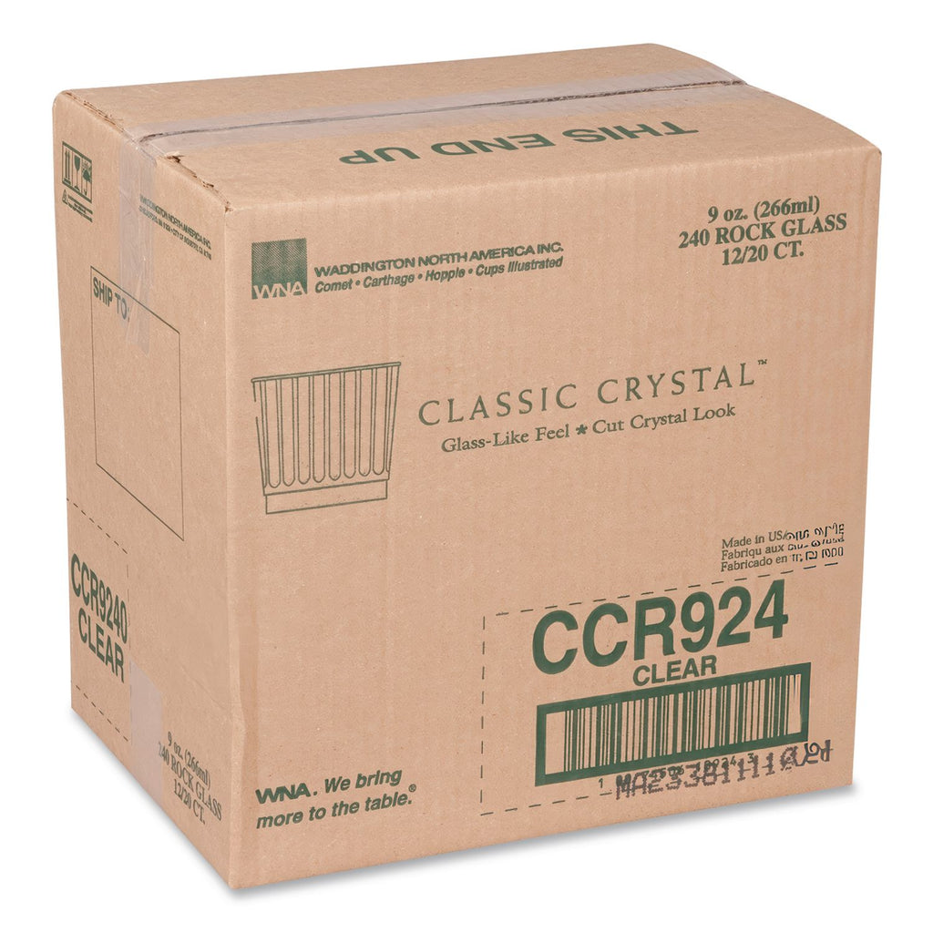Classic Crystal Plastic Tumblers, 9 oz, Clear, Fluted, Rocks Squat, 20/Pack, 12 Packs/Carton