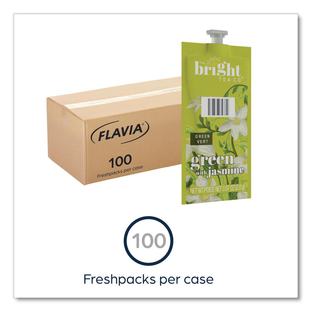 The Bright Tea Co. Green with Jasmine Tea Freshpack, Green with Jasmine, 0.07 oz Pouch, 100/Carton