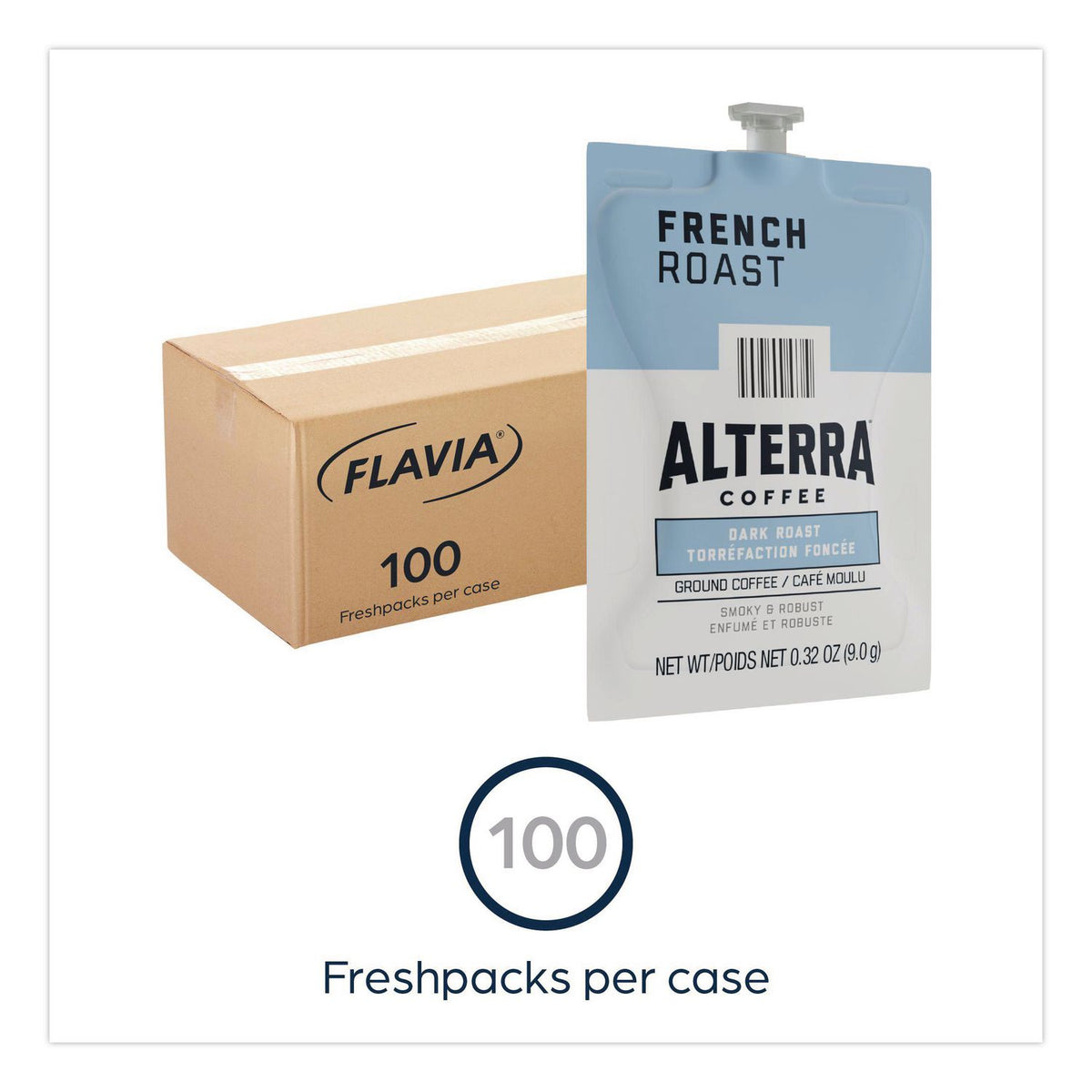 Alterra French Roast Coffee Freshpack, French Roast, 0.32 oz Pouch, 100/Carton