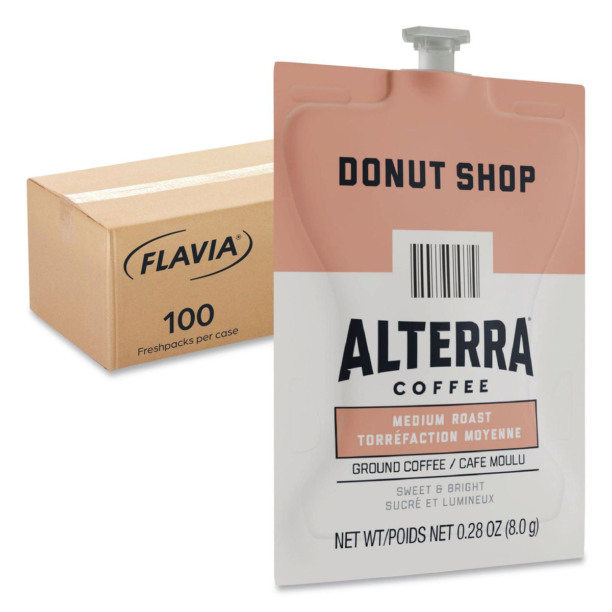 Alterra Donut Shop Coffee Freshpack, Donut Shop, 0.28 oz Pouch, 100/Carton
