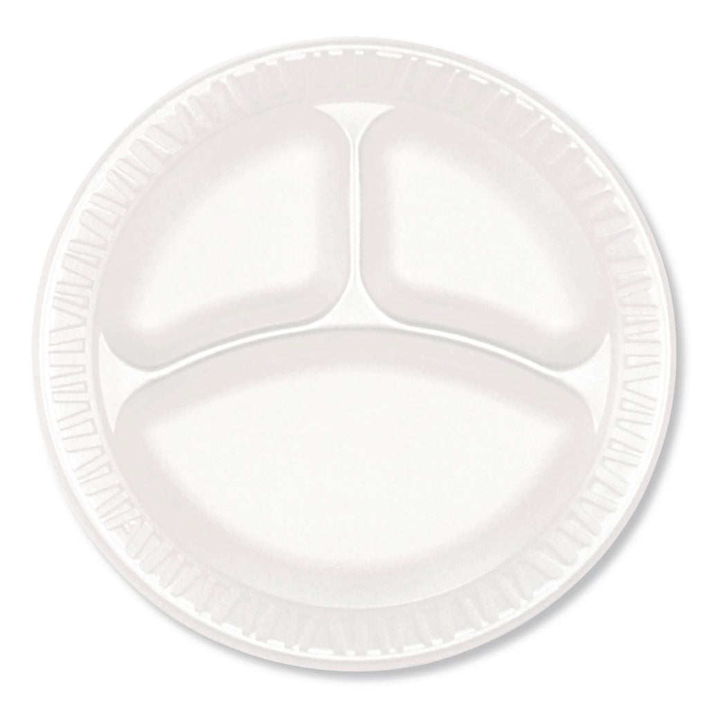 Foam Dinnerware, Plate, 3-Compartment, 9" dia, Poly Bag, White, 125/Sleeve, 4 Sleeves/Bag, 1 Bag/Pack