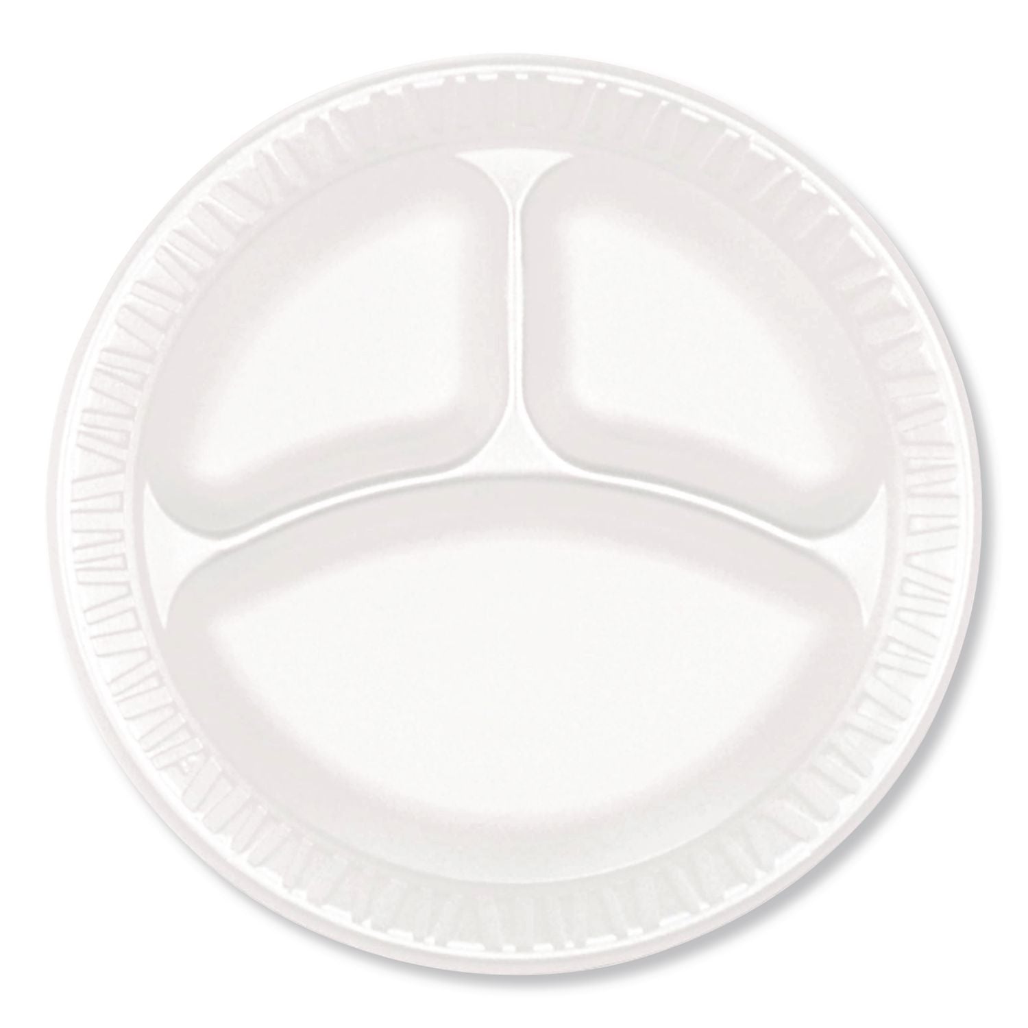 Foam Dinnerware, Plate, 3-Compartment, 9" dia, Poly Bag, White, 125/Sleeve, 4 Sleeves/Bag, 1 Bag/Pack