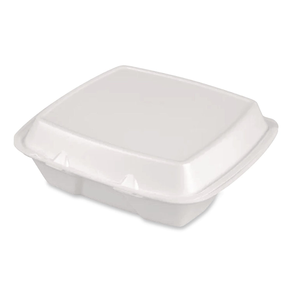 Foam Hinged Lid Container, Secure Two Tab Latch, Poly Bag, 9 x 9 x 3, White, 100/Bag, 2 Bags/Carton