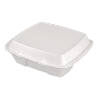 Foam Hinged Lid Container, Secure Two Tab Latch, Poly Bag, 9 x 9 x 3, White, 100/Bag, 2 Bags/Carton