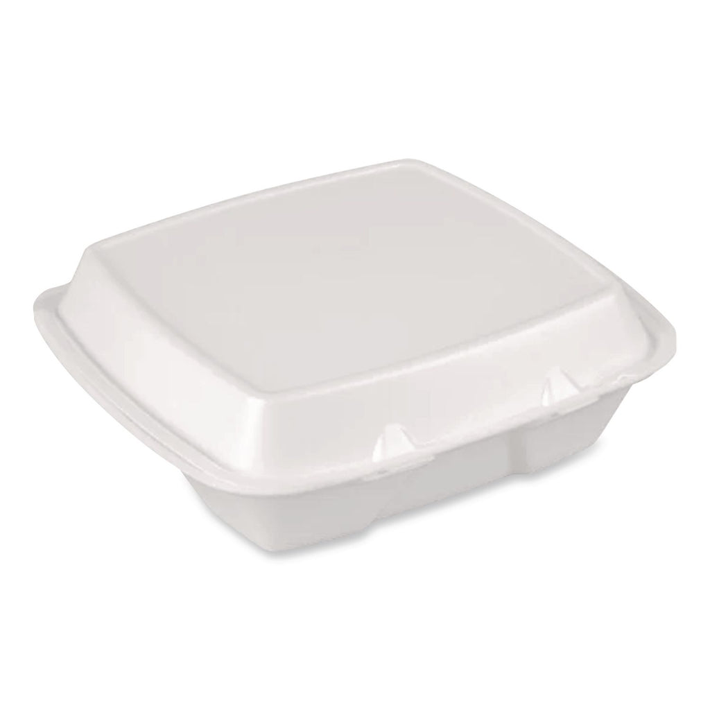 Foam Hinged Lid Container, Secure Two Tab Latch, Poly Bag, 9 x 9 x 3, White, 100/Bag, 2 Bags/Carton