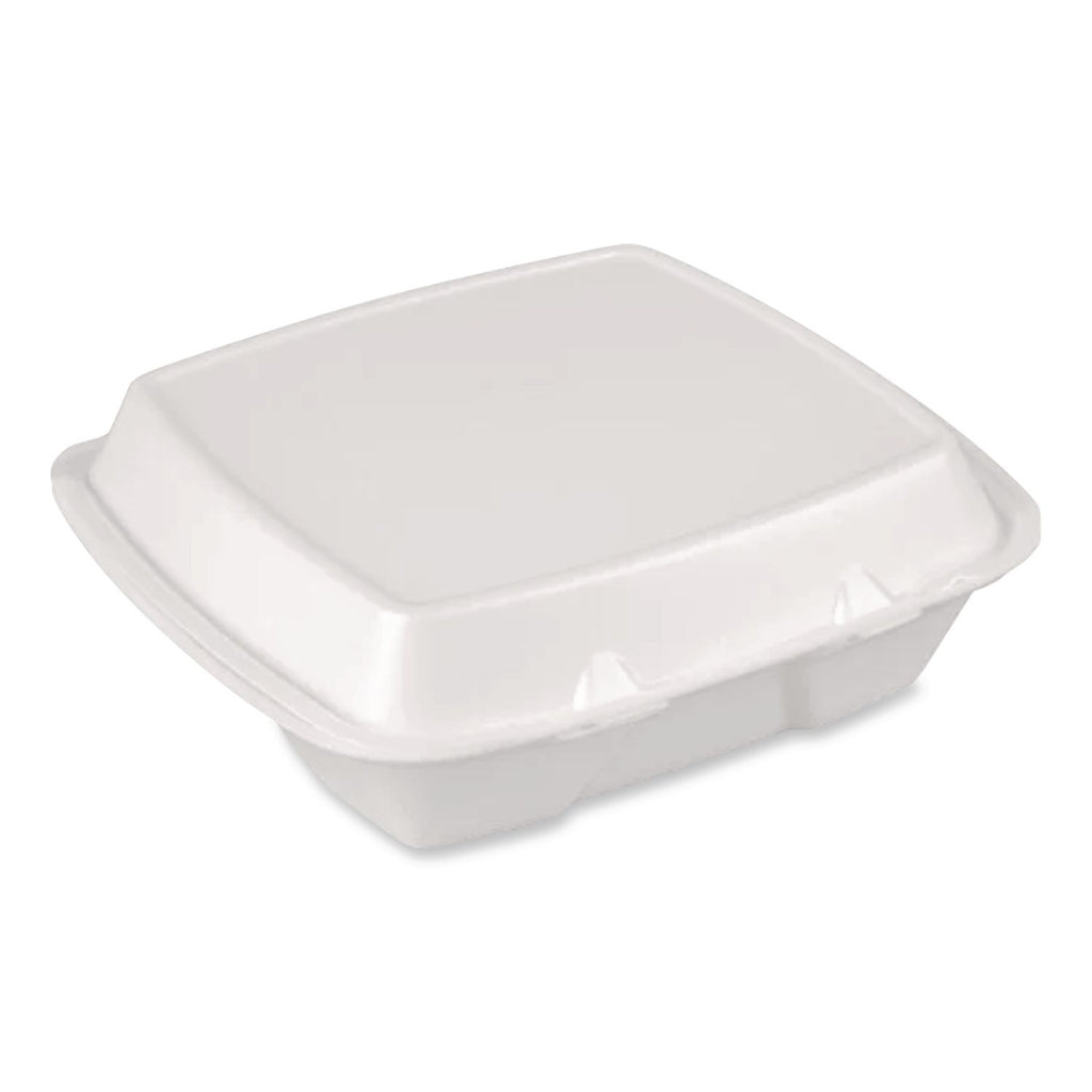 Foam Hinged Lid Container, Secure Two Tab Latch, Poly Bag, 3-Compartment, 9 x 9 x 3, White, 100/Bag, 2 Bags/Carton