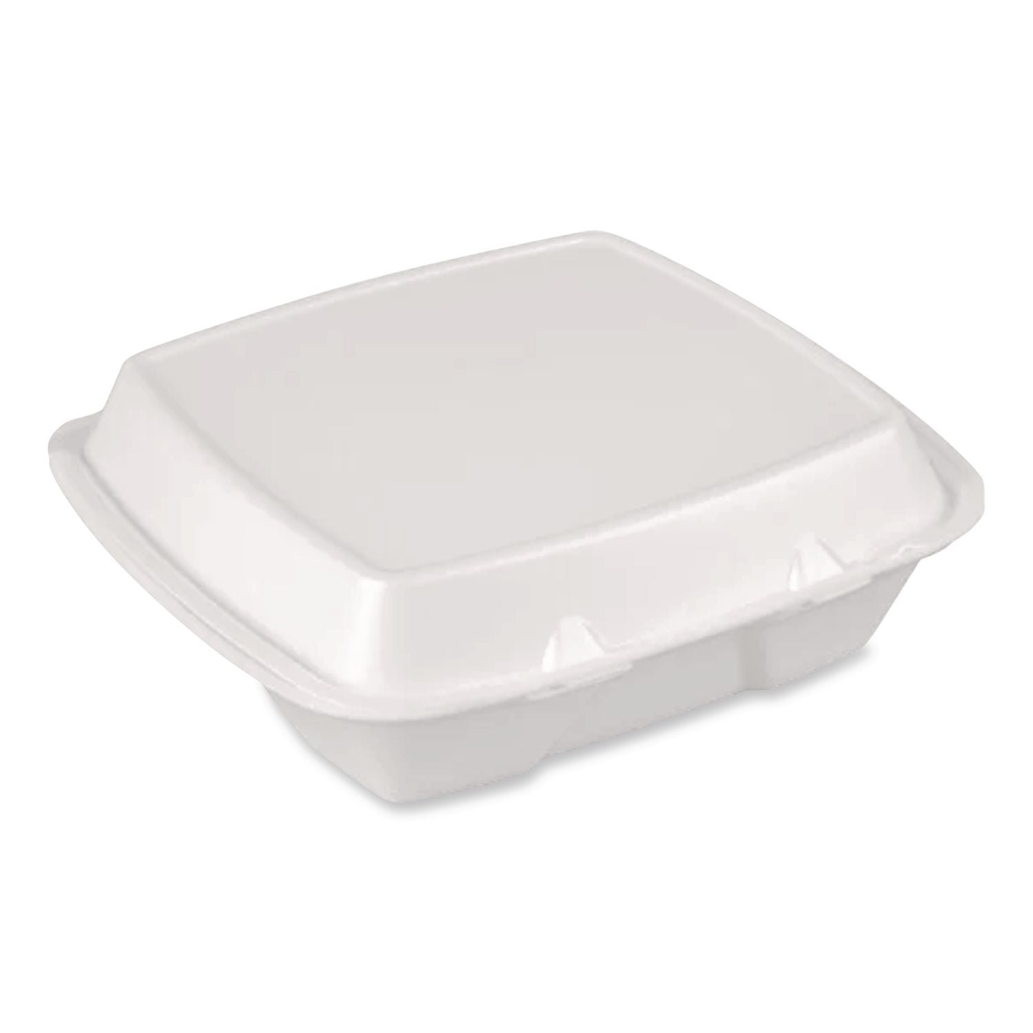 Foam Hinged Lid Container, Secure Two Tab Latch, Poly Bag, 3-Compartment, 9 x 9 x 3, White, 100/Bag, 2 Bags/Carton