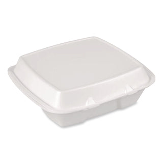 Foam Hinged Lid Container, Secure Two Tab Latch, Poly Bag, 3-Compartment, 9 x 9 x 3, White, 100/Bag, 2 Bags/Carton
