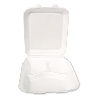 Foam Hinged Lid Container, Secure Two Tab Latch, Poly Bag, 3-Compartment, 9 x 9 x 3, White, 100/Bag, 2 Bags/Carton