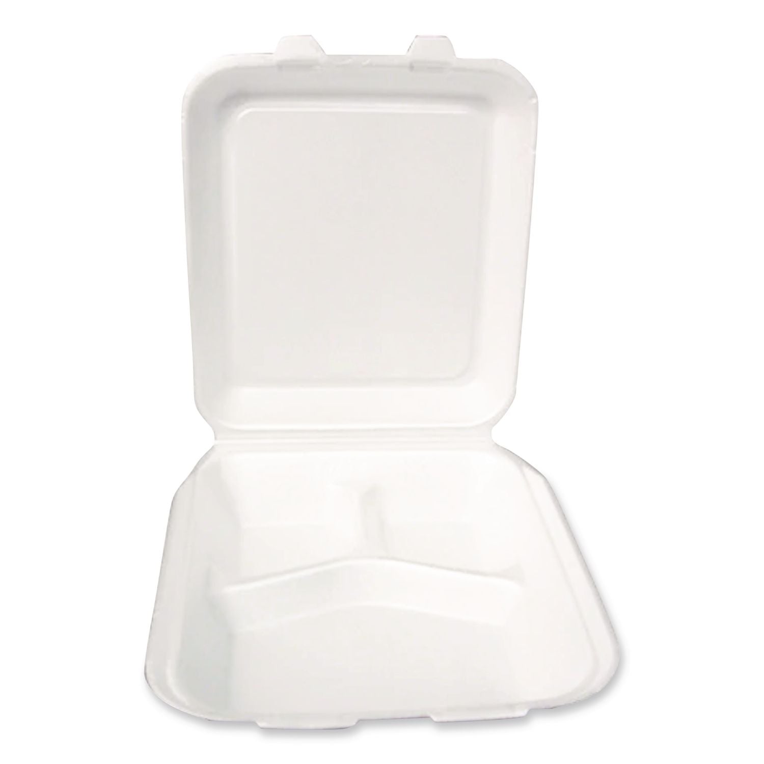 Foam Hinged Lid Container, Secure Two Tab Latch, Poly Bag, 3-Compartment, 9 x 9 x 3, White, 100/Bag, 2 Bags/Carton