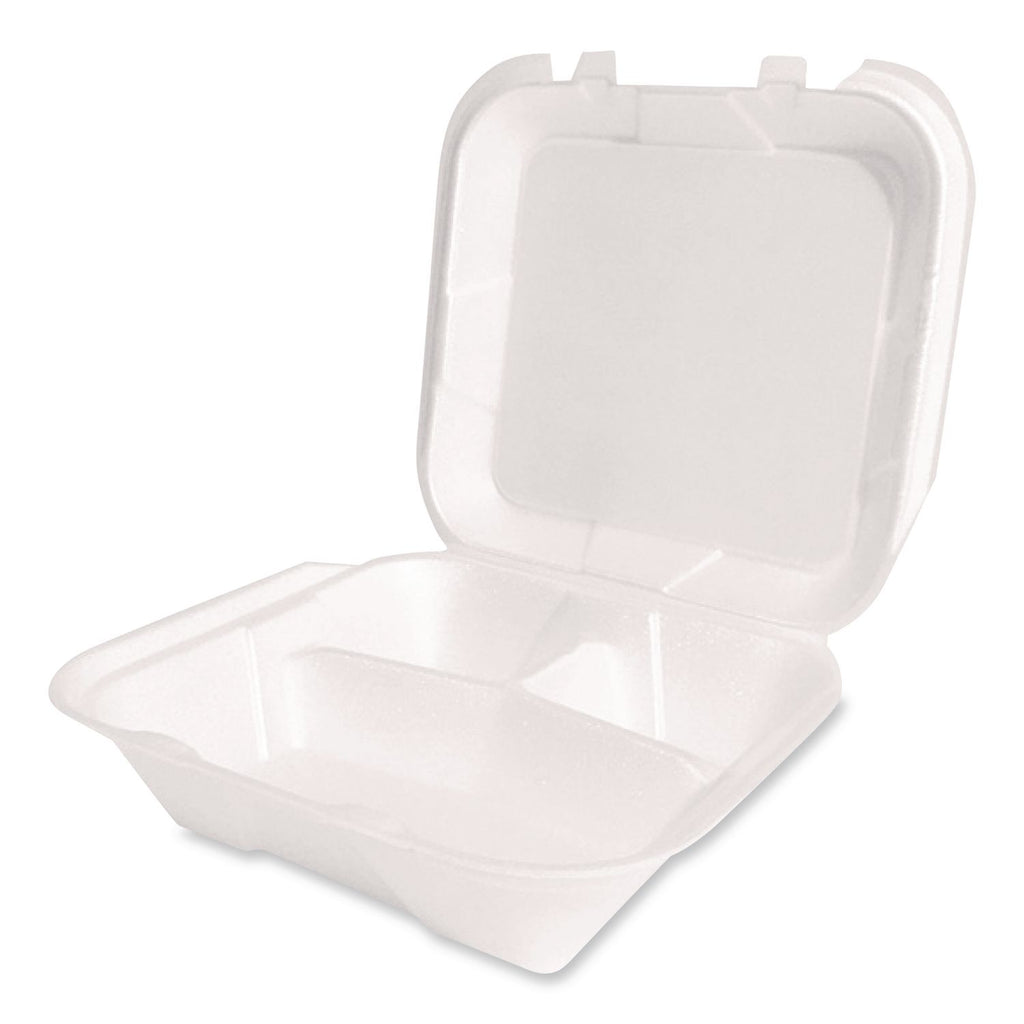 Foam Hinged Lid Container, Secure Two Tab Latch, Poly Bag, 3-Compartment, 9 x 9 x 3, White, 100/Bag, 2 Bags/Carton