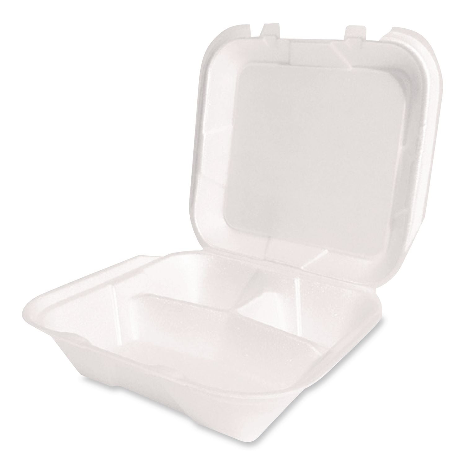Foam Hinged Lid Container, Secure Two Tab Latch, Poly Bag, 3-Compartment, 9 x 9 x 3, White, 100/Bag, 2 Bags/Carton
