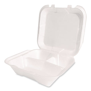 Foam Hinged Lid Container, Secure Two Tab Latch, Poly Bag, 3-Compartment, 9 x 9 x 3, White, 100/Bag, 2 Bags/Carton