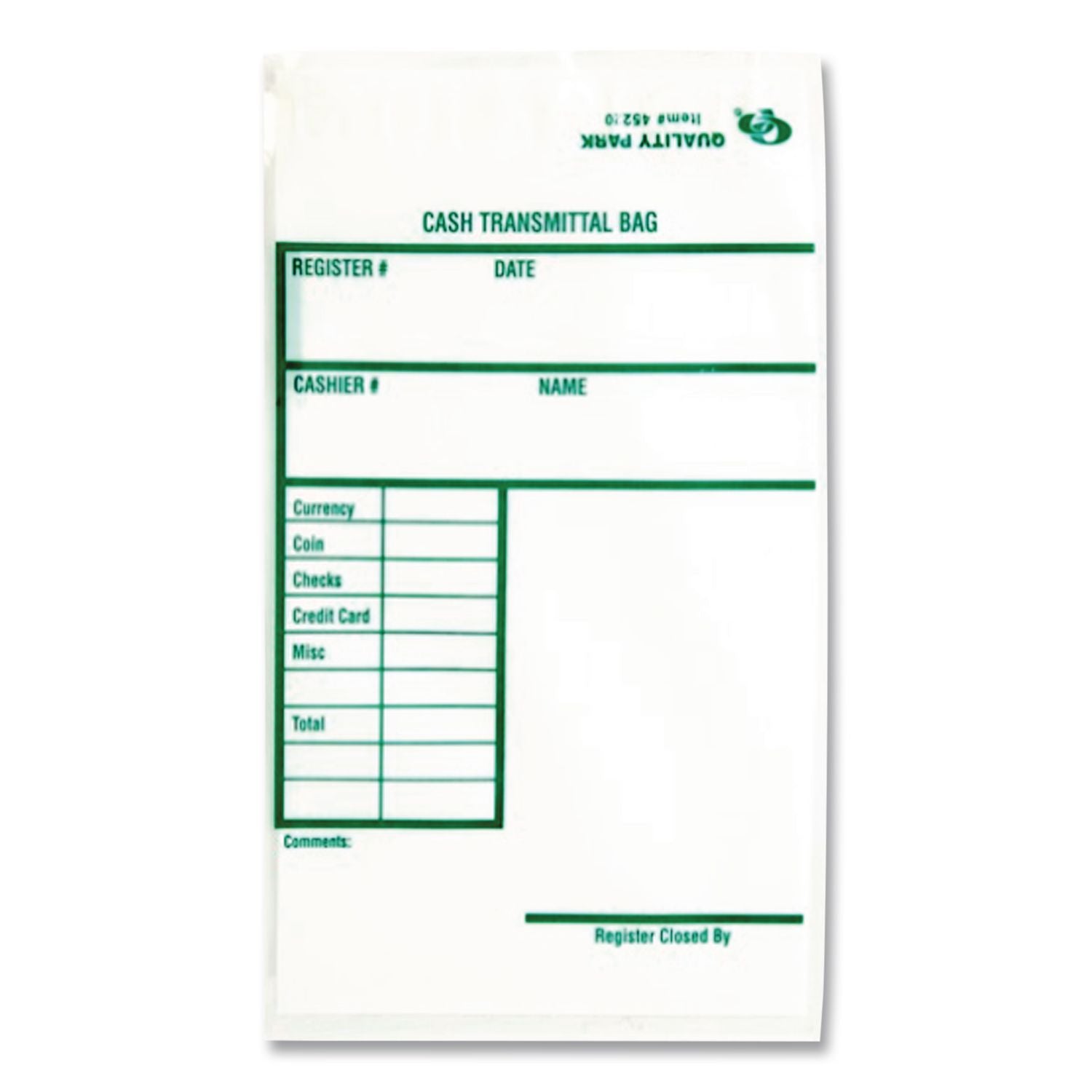 Cash Transmittal Bags, Printed Info Block, 6 x 9, Clear, 100/Pack