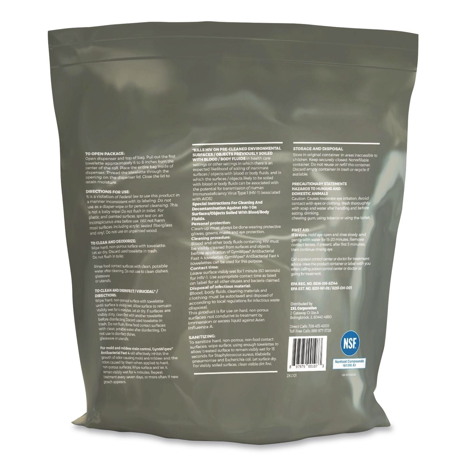 Antibacterial Gym Wipes Refill, 1-Ply, 6 x 8, Unscented, White, 700 Wipes/Pack, 4 Packs/Carton