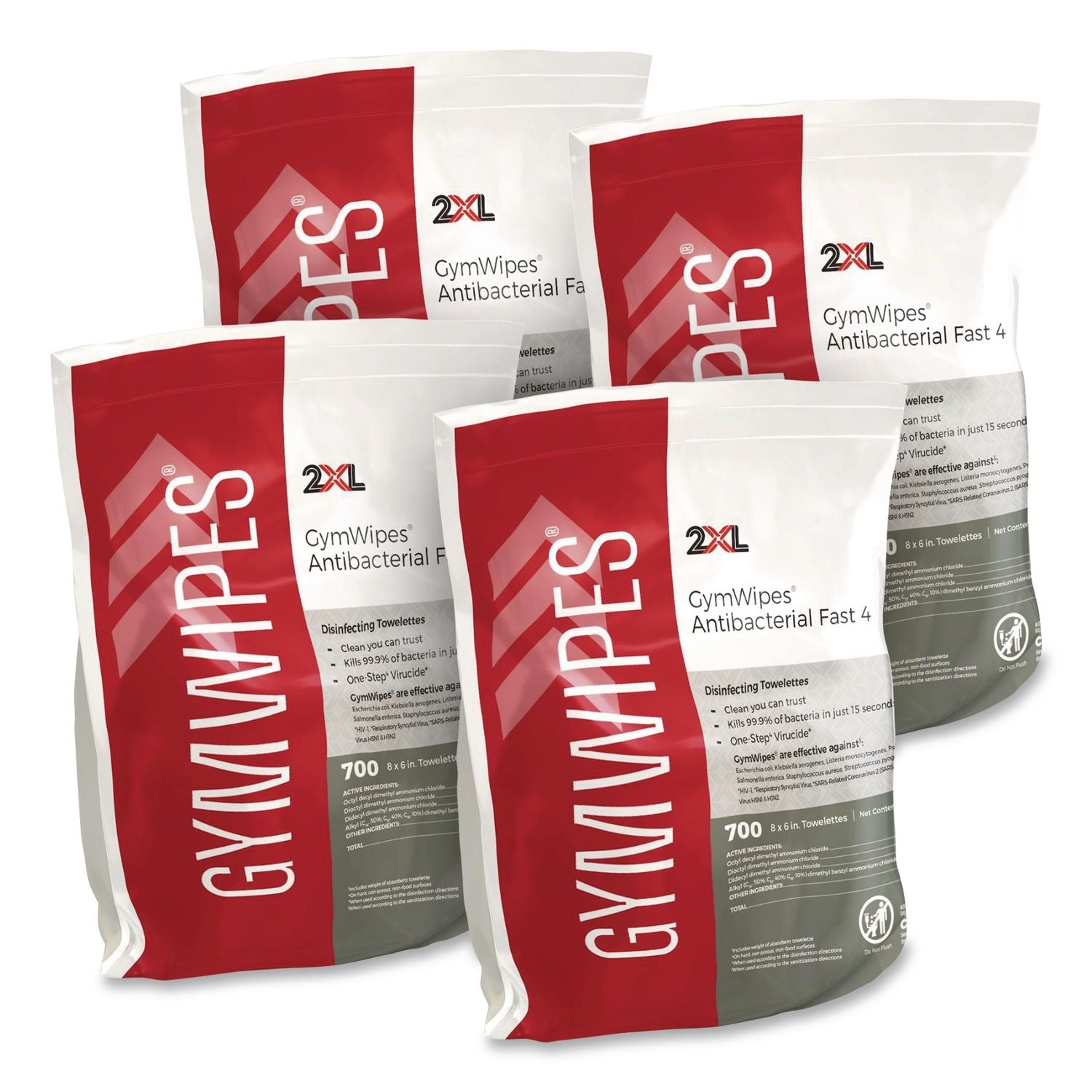 Antibacterial Gym Wipes Refill, 1-Ply, 6 x 8, Unscented, White, 700 Wipes/Pack, 4 Packs/Carton