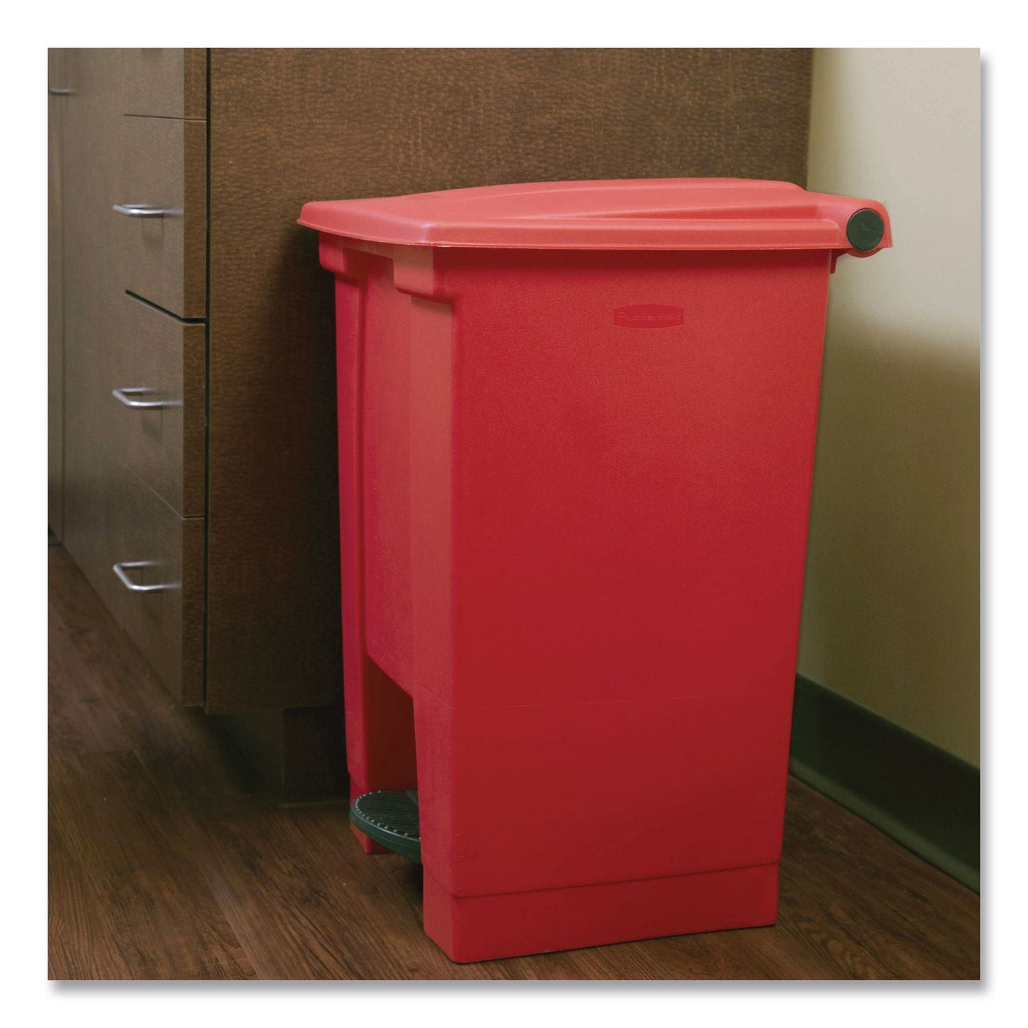 Indoor Utility Step-On Waste Container, Square, Plastic, 12gal, Red