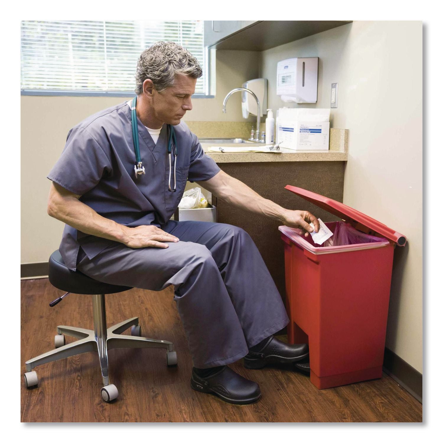 Indoor Utility Step-On Waste Container, Square, Plastic, 12gal, Red