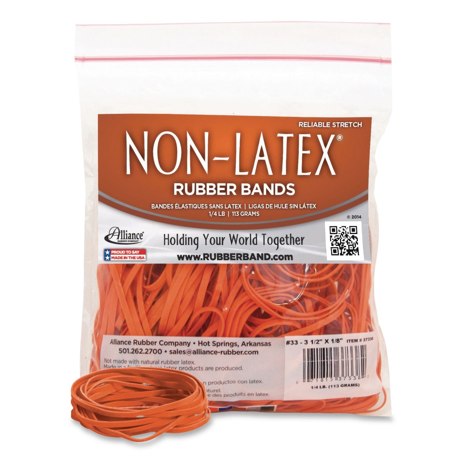 Alliance Rubber 37338 Non-Latex Rubber Bands - Size #33 - 1/4 lb. poly bag contains approx. 180 bands - 3 1/2" x 1/8" - Orange