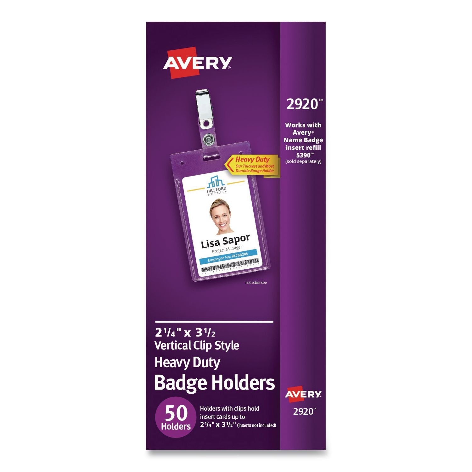 Avery Heavy-Duty Secure Top Clip-Style Badge Holders - Support 2.25" x 3.50" Media - Portrait - 2.3" x 3.3" - Plastic - 50 / Box - Clear
