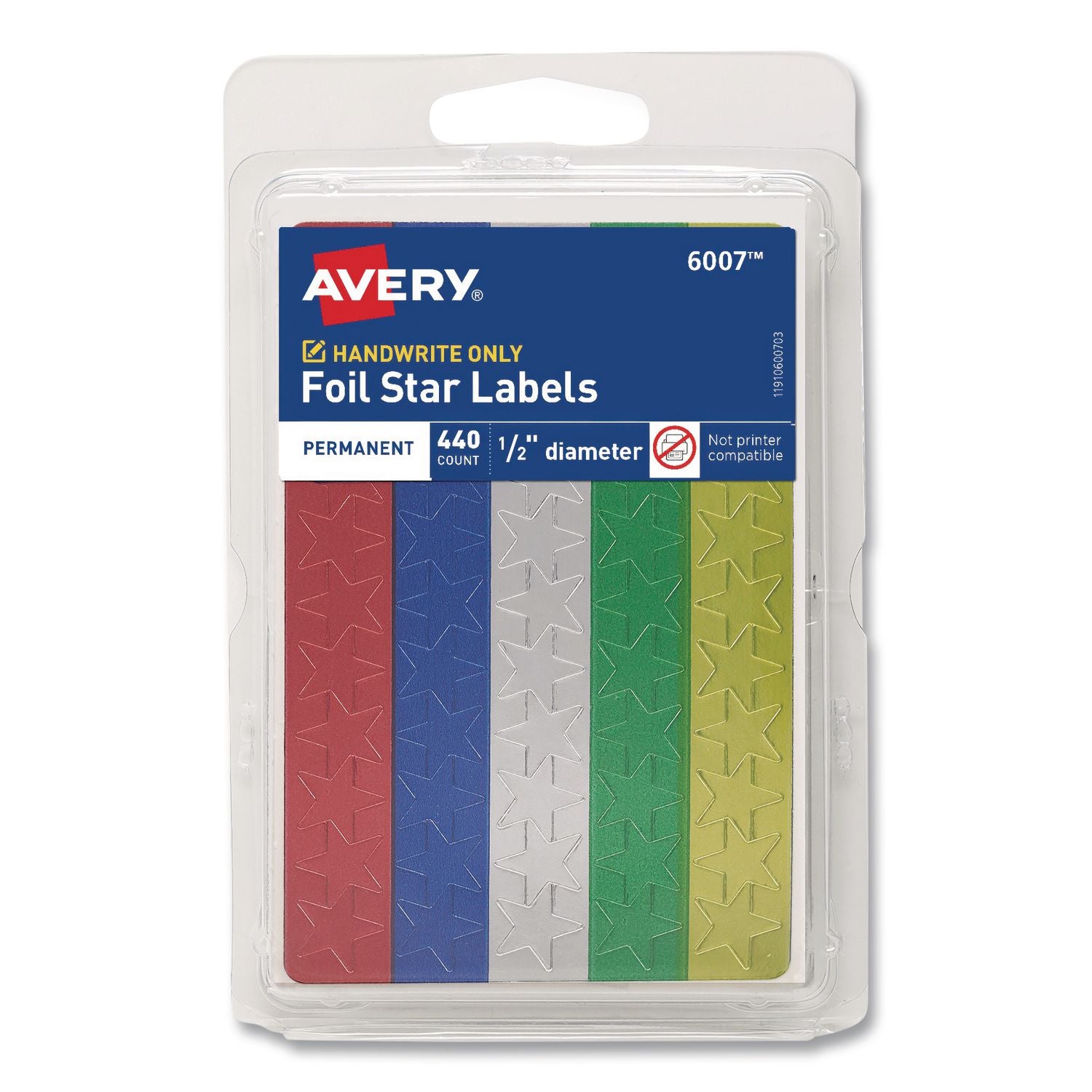 Avery Assorted Foil Star Labels - Learning Theme/Subject - Star Shape - Permanent Adhesive - 0.50" Height - Red, Blue, Silver, Green, Gold - Paper - 6