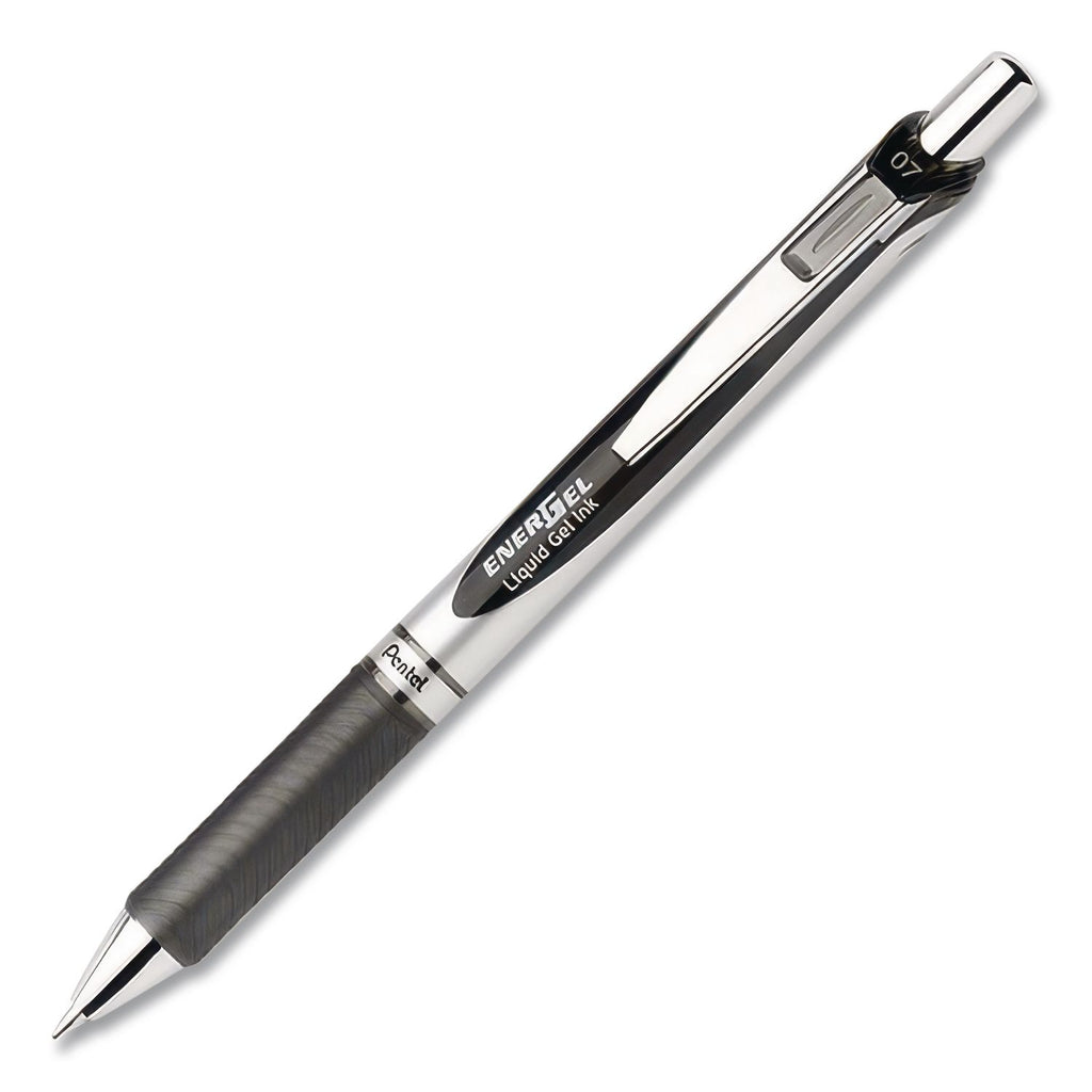 EnerGel EnerGel RTX Liquid Gel Pens - Medium Pen Point - 0.7 mm Pen Point Size - Refillable - Retractable - Black Gel-based Ink - Silver Barrel - Metal Tip - 1 Dozen