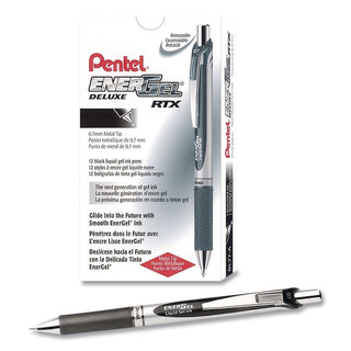 EnerGel EnerGel RTX Liquid Gel Pens - Medium Pen Point - 0.7 mm Pen Point Size - Refillable - Retractable - Black Gel-based Ink - Silver Barrel - Metal Tip - 1 Dozen
