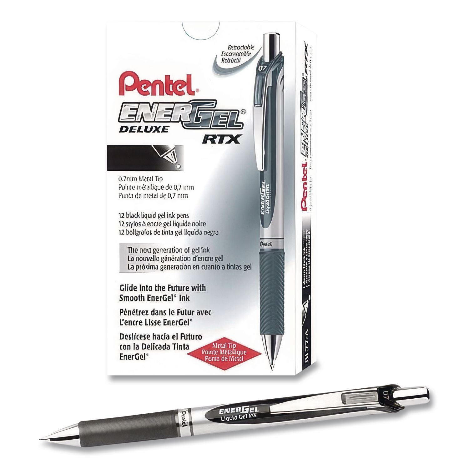 EnerGel EnerGel RTX Liquid Gel Pens - Medium Pen Point - 0.7 mm Pen Point Size - Refillable - Retractable - Black Gel-based Ink - Silver Barrel - Metal Tip - 1 Dozen