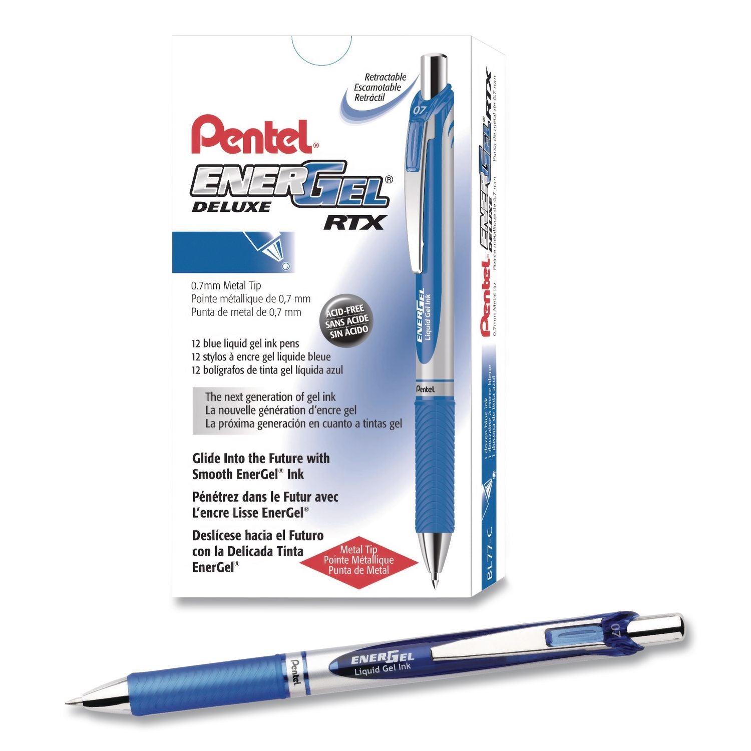 EnerGel RTX Gel Pen, Retractable, Medium 0.7 mm, Blue Ink, Blue/Light Blue Barrel
