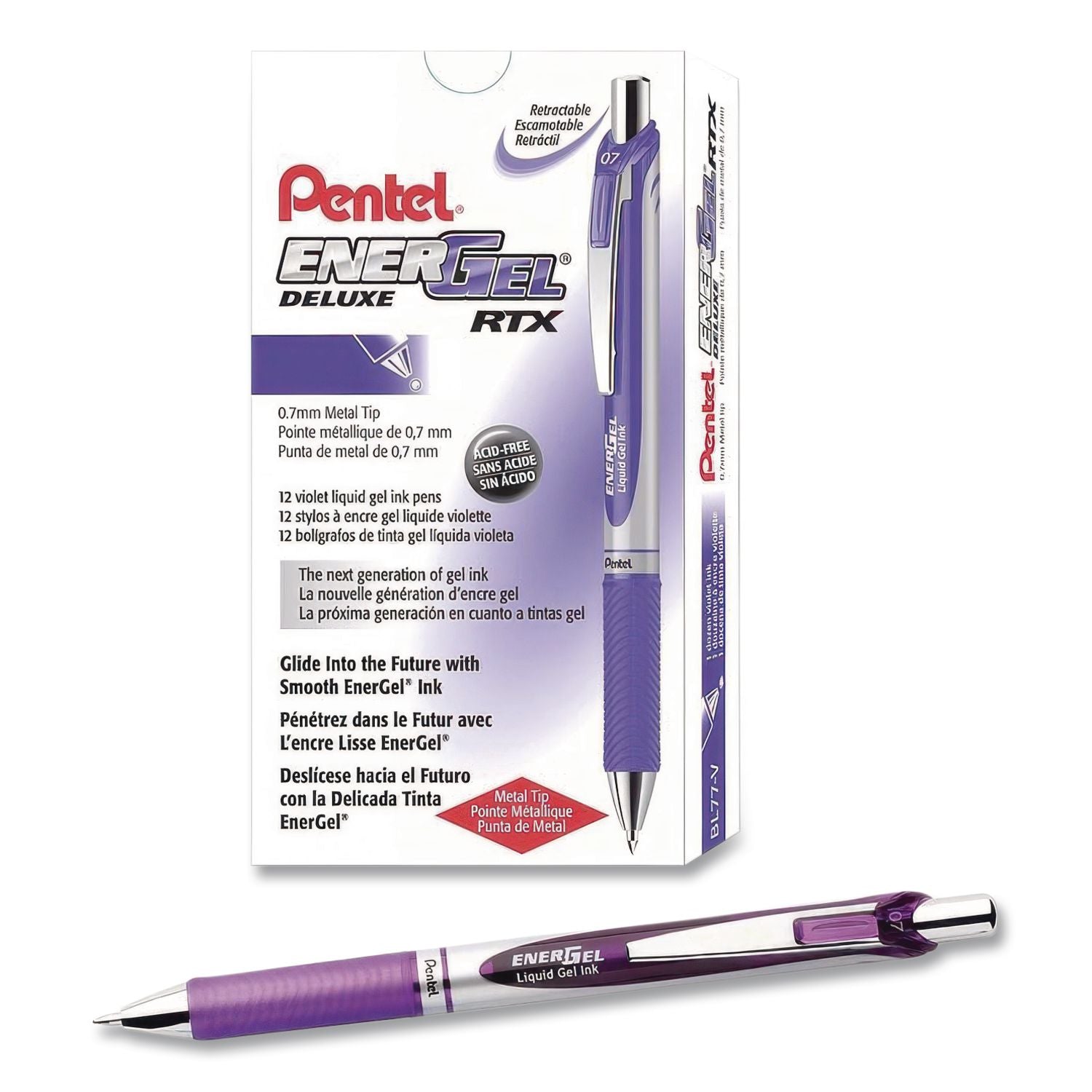 EnerGel EnerGel RTX Liquid Gel Pens - Medium Pen Point - 0.7 mm Pen Point Size - Refillable - Retractable - Violet Gel-based Ink - Silver Barrel - Metal Tip - 1 Dozen
