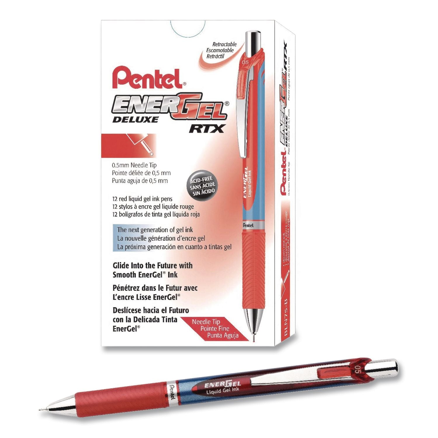 EnerGel EnerGel RTX Liquid Gel Pens - Fine Pen Point - 0.5 mm Pen Point Size - Needle Pen Point Style - Refillable - Retractable - Red Gel-based Ink - Blue Barrel - Stainless Steel Tip - 12 / Box