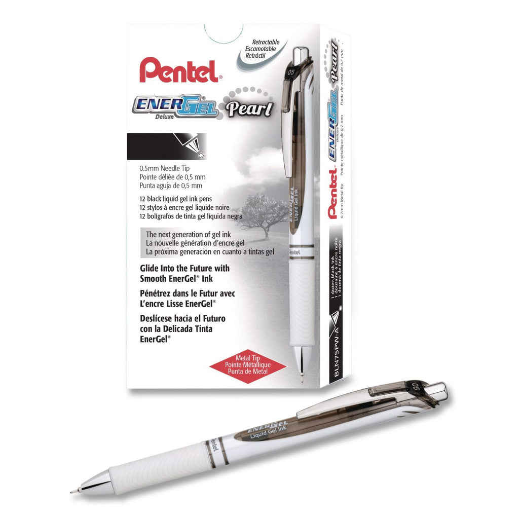 EnerGel EnerGel Pearl Liquid Gel Pens - Fine Pen Point - 0.5 mm Pen Point Size - Needle Pen Point Style - Refillable - Retractable - Black Gel-based Ink - Pearl White Barrel - Stainless Steel Tip - 1 Dozen