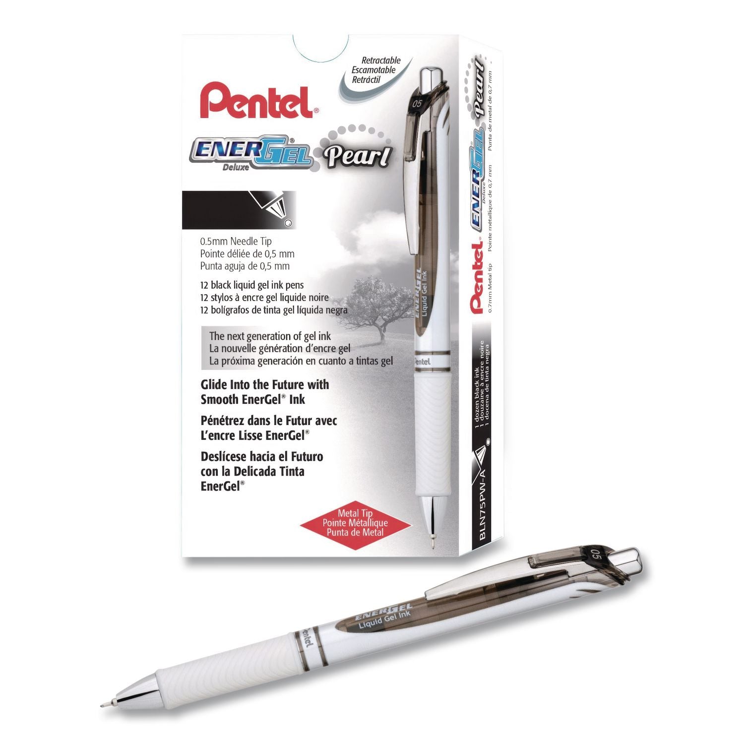 EnerGel EnerGel Pearl Liquid Gel Pens - Fine Pen Point - 0.5 mm Pen Point Size - Needle Pen Point Style - Refillable - Retractable - Black Gel-based Ink - Pearl White Barrel - Stainless Steel Tip - 1 Dozen