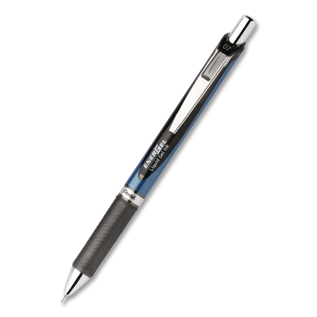 EnerGel EnerGel RTX Liquid Gel Pen - Medium Pen Point - 0.7 mm Pen Point Size - Needle Pen Point Style - Refillable - Retractable - Black Gel-based Ink - Black, Stainless Steel, Blue Barrel - Metal Tip - 1 Dozen