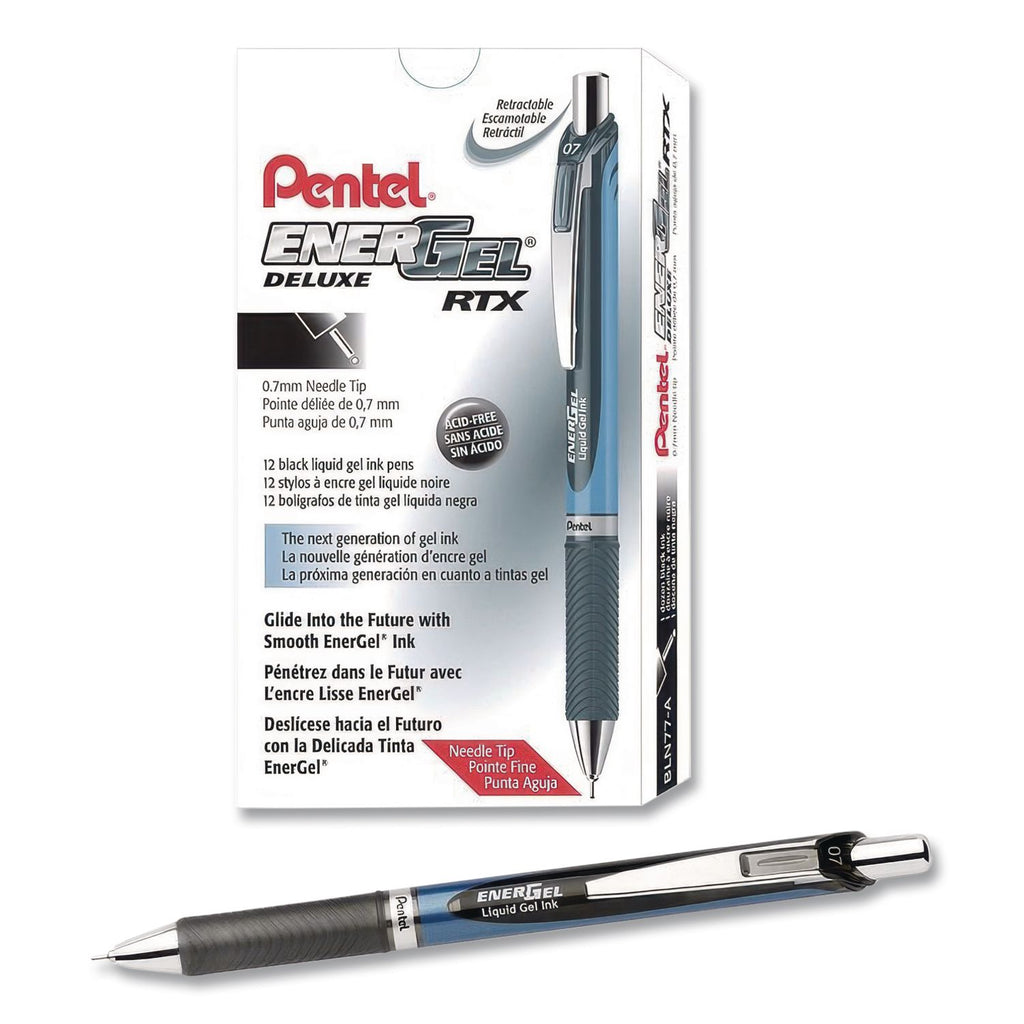 EnerGel EnerGel RTX Liquid Gel Pen - Medium Pen Point - 0.7 mm Pen Point Size - Needle Pen Point Style - Refillable - Retractable - Black Gel-based Ink - Black, Stainless Steel, Blue Barrel - Metal Tip - 1 Dozen