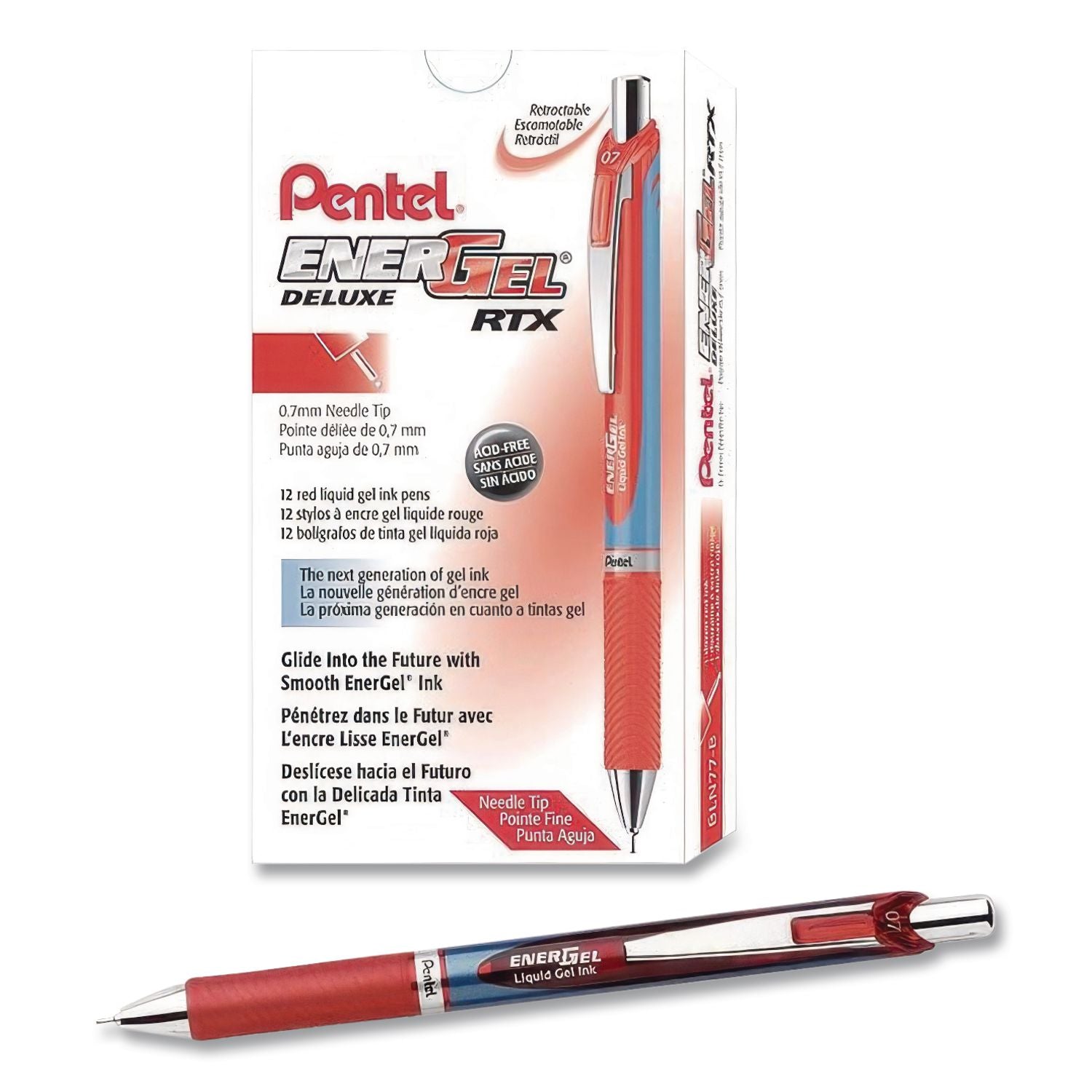 EnerGel RTX Gel Pen, Retractable, Medium 0.7 mm Needle Tip, Red Ink, Red/Blue Barrel