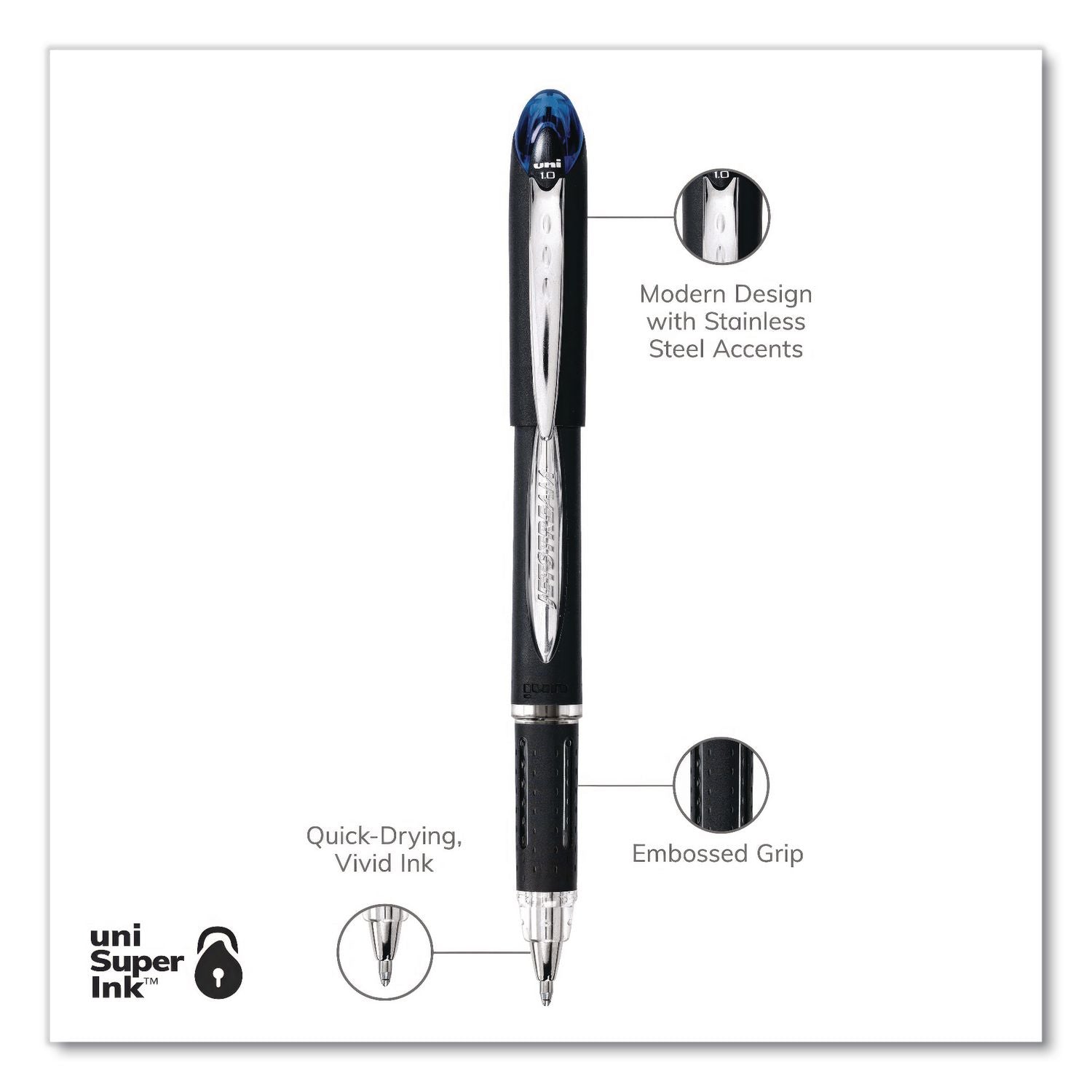Jetstream Stick Hybrid Gel Pen, Bold 1 mm, Blue Ink, Black/Silver/Blue Barrel