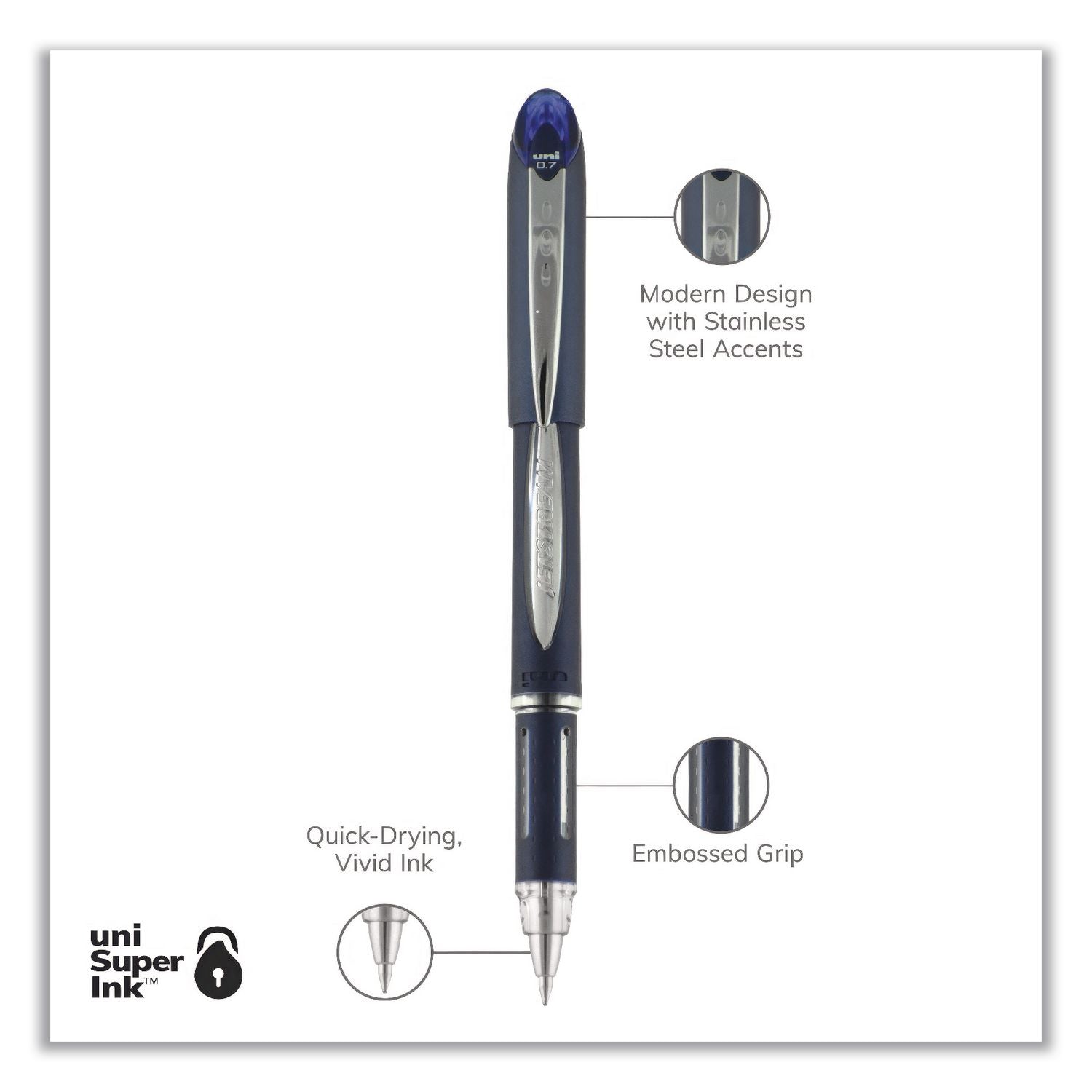Jetstream Hybrid Gel Pen, Stick, Fine 0.7 mm, Blue Ink, Blue/Silver Barrel