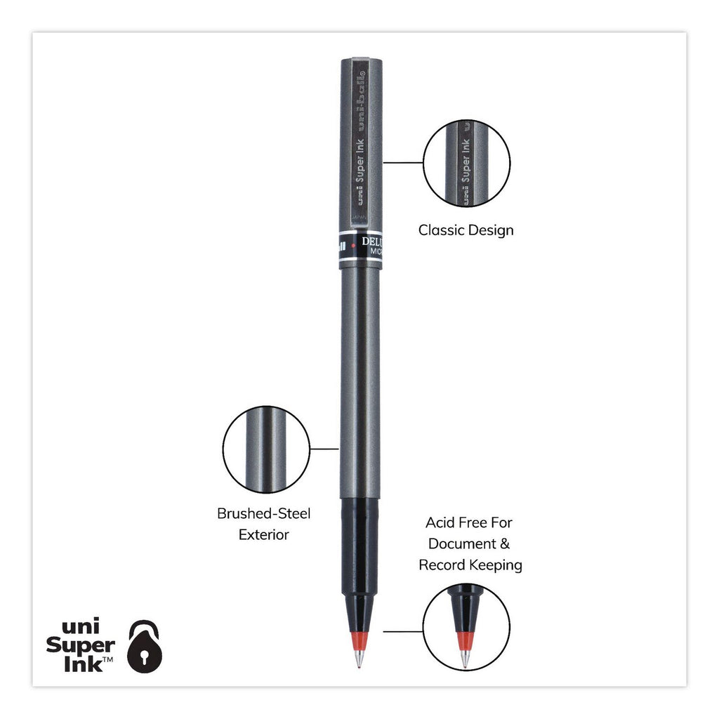 Deluxe Roller Ball Pen, Stick, Extra-Fine 0.5 mm, Red Ink, Metallic Gray/Black/Red Barrel, Dozen