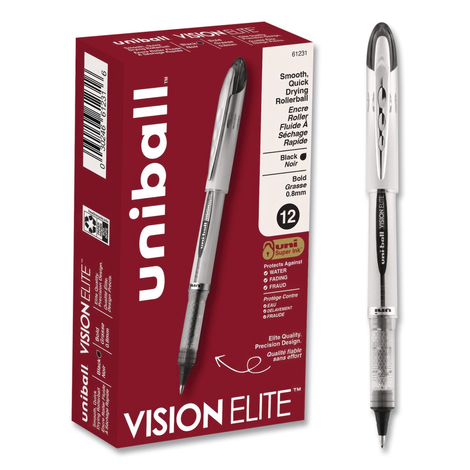 uni-ball - Vision Elite Roller Ball Stick Water-Proof Pen, Black Ink, Bold, Sold as 1 EA