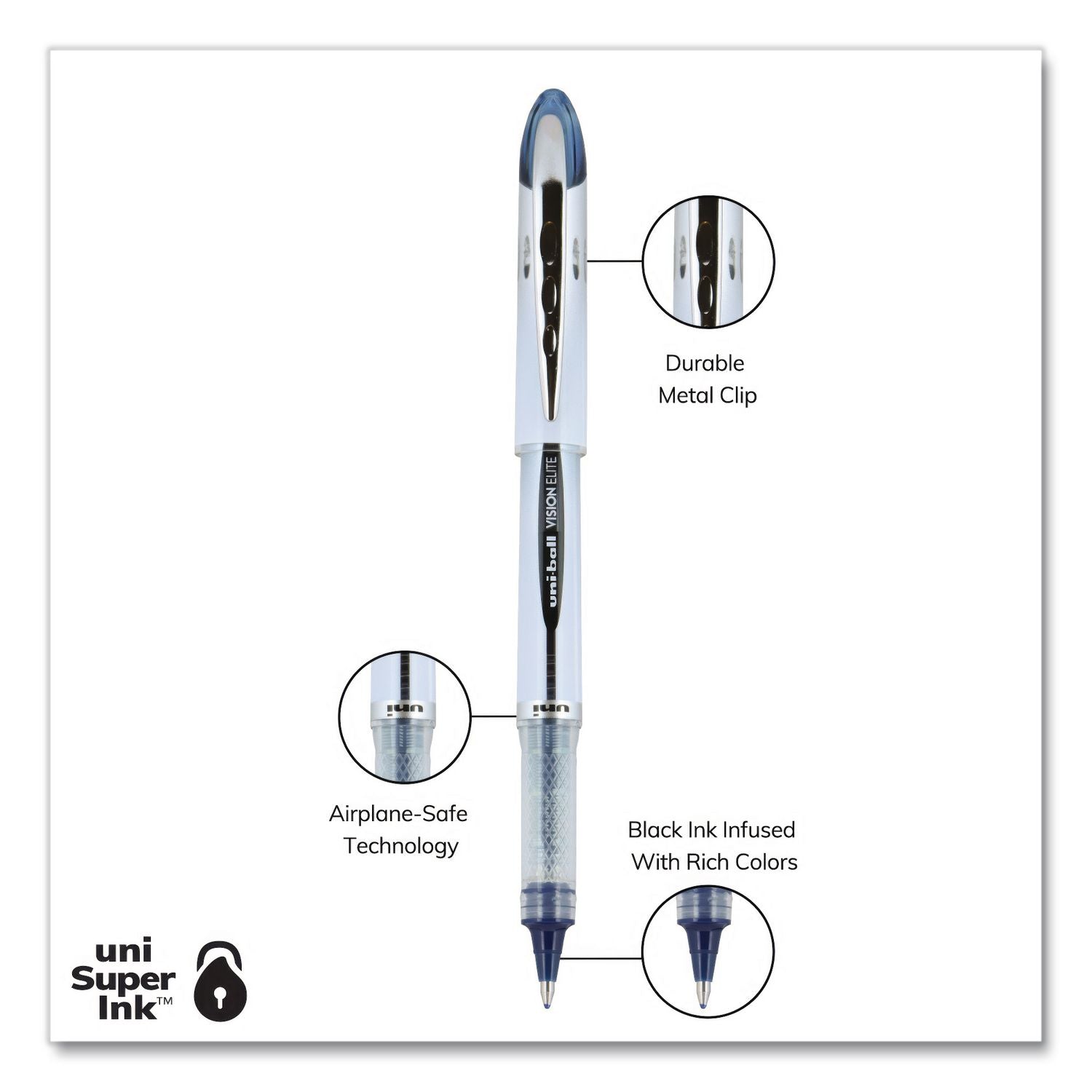 uni-ball - Vision Elite Roller Ball Stick Water-Proof Pen, Blue/Black Ink, Bold, Sold as 1 EA