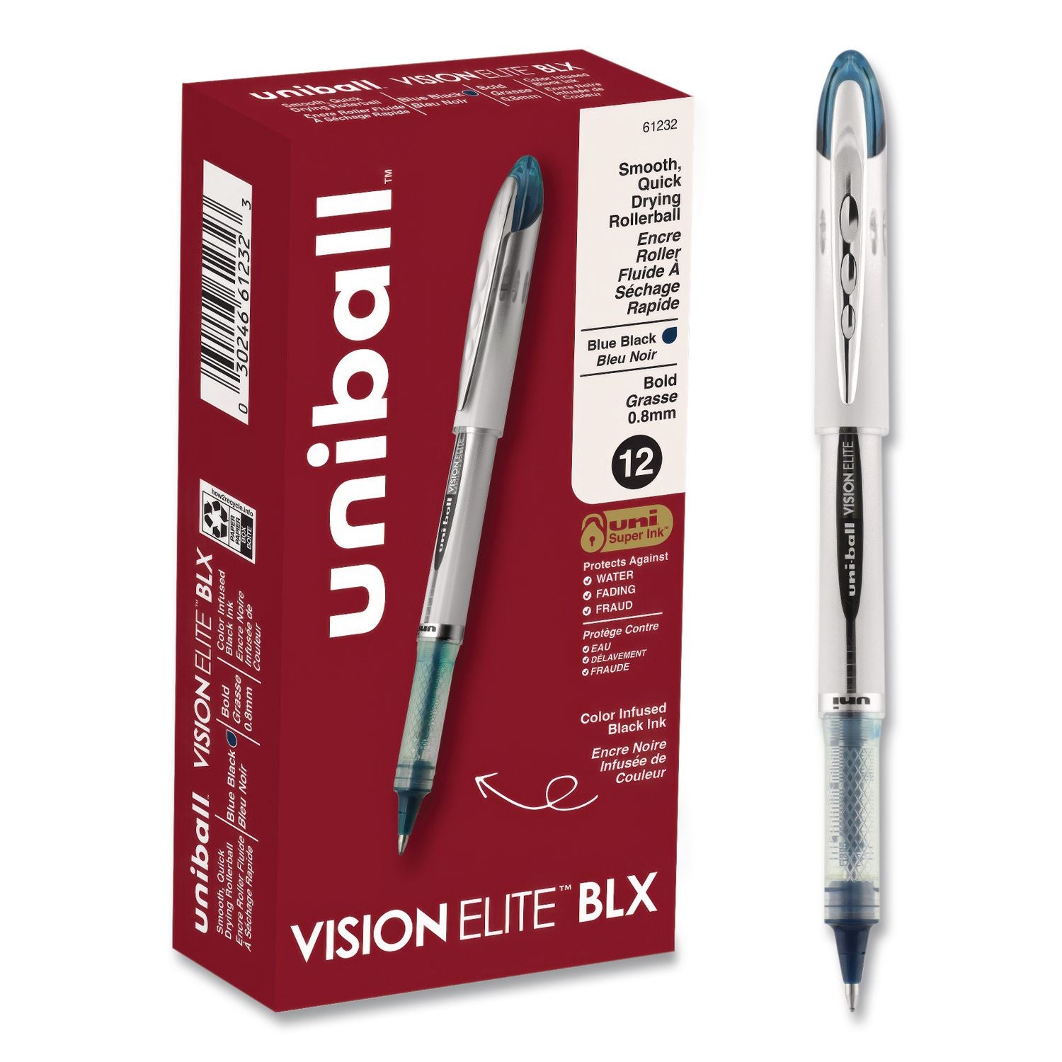 uni-ball - Vision Elite Roller Ball Stick Water-Proof Pen, Blue/Black Ink, Bold, Sold as 1 EA