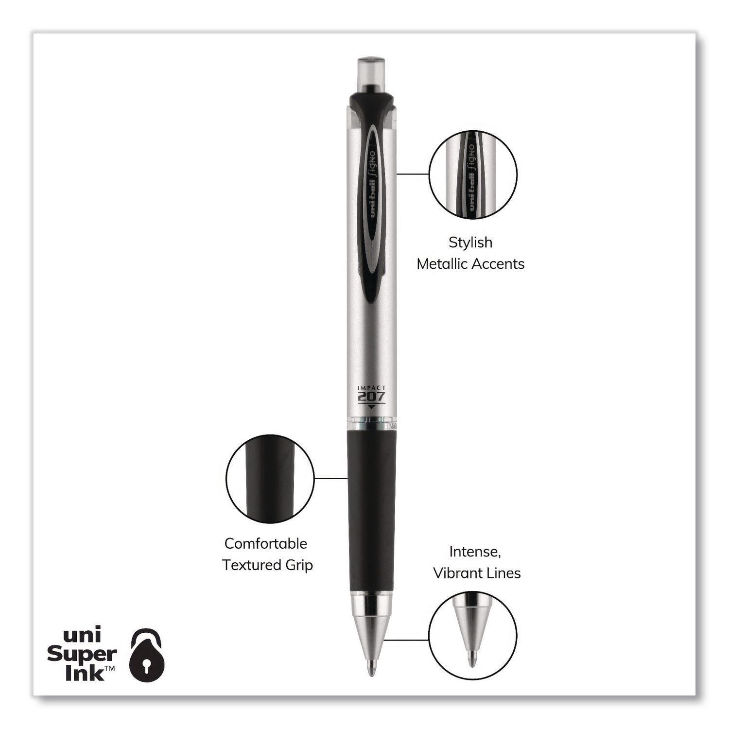 uni-ball - 207 Impact Roller Ball Retractable Gel Pen, Black Ink, Bold, Sold as 1 EA