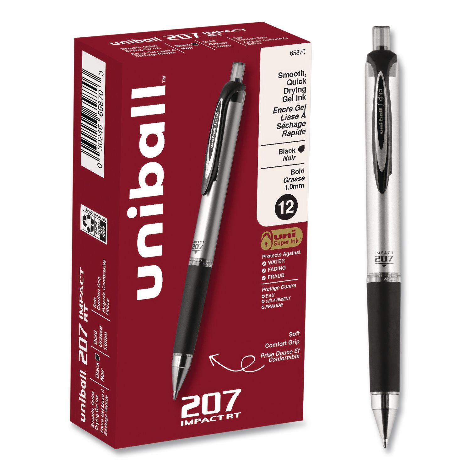 uniball 207 Impact RT Gel Pens - Bold Pen Point - 1 mm Pen Point Size - Refillable - Retractable - Black Gel-based Ink - Metallic Barrel - 1 Dozen
