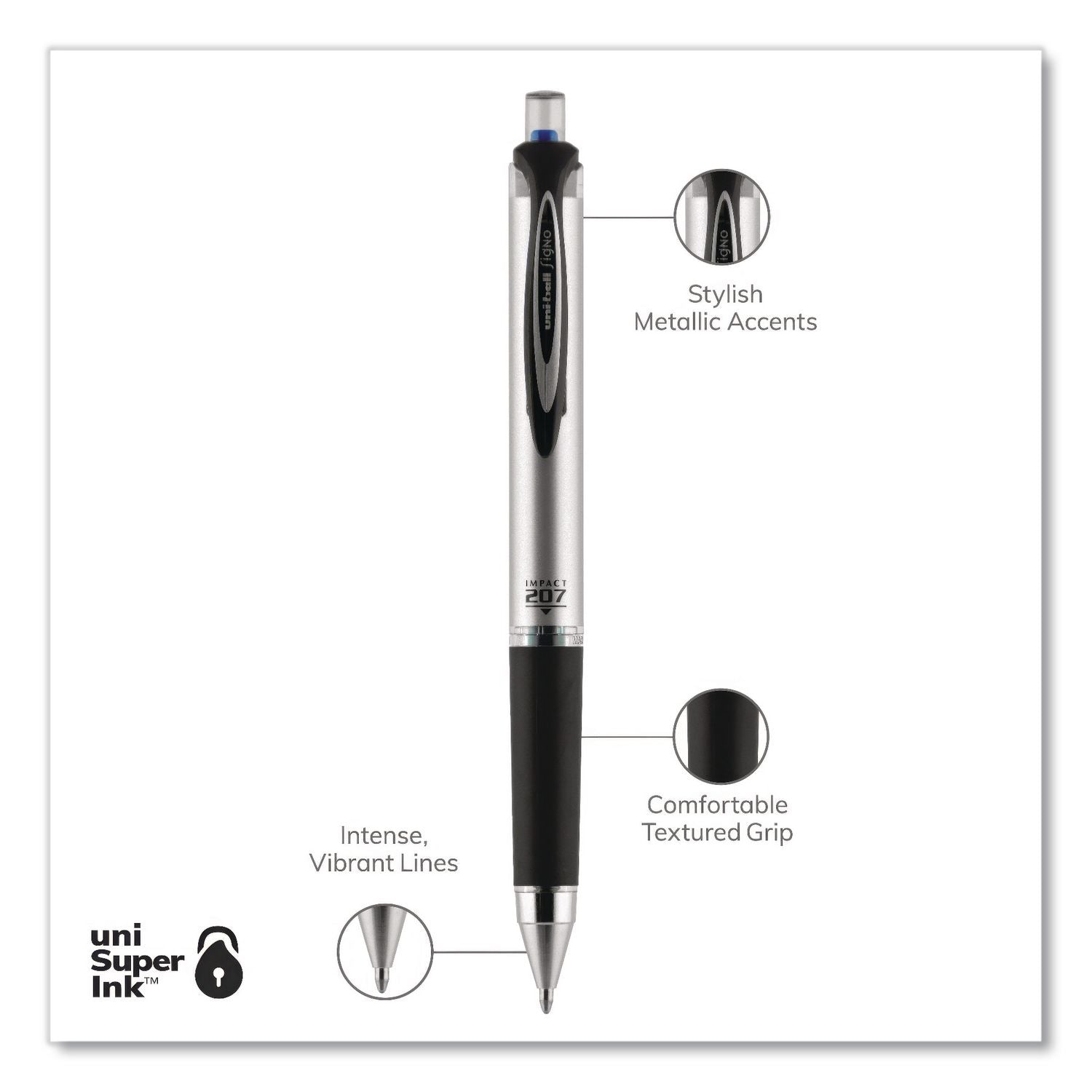uni-ball - 207 Impact Roller Ball Retractable Gel Pen, Blue Ink, Bold, Sold as 1 EA