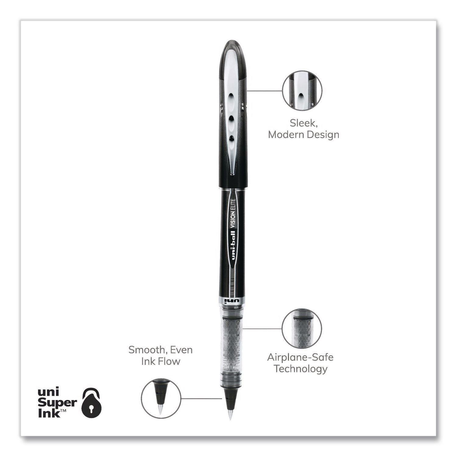 uniball Vision Elite Rollerball Pen - Micro Pen Point - 0.5 mm Pen Point Size - Black - 1 Dozen