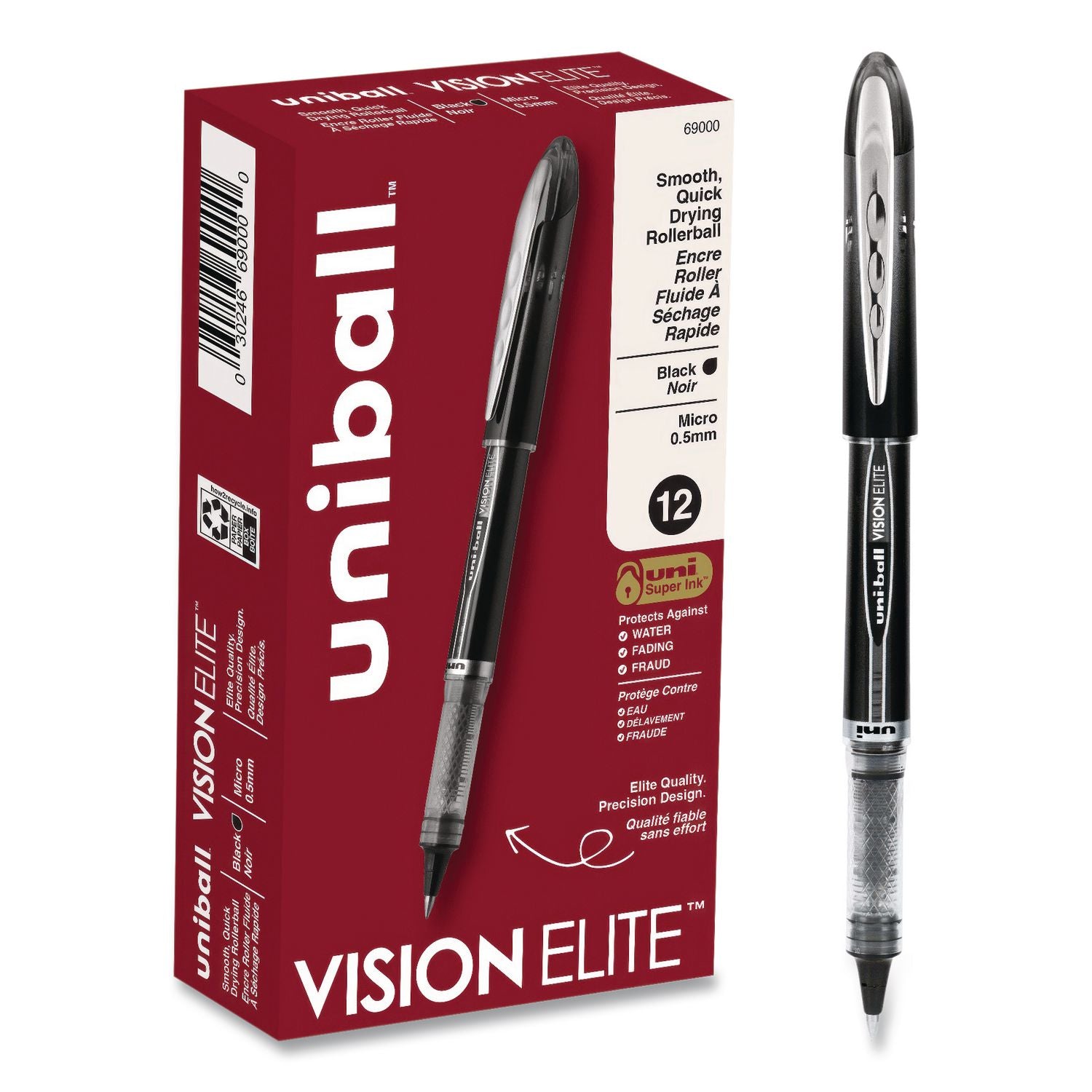 uniball Vision Elite Rollerball Pen - Micro Pen Point - 0.5 mm Pen Point Size - Black - 1 Dozen