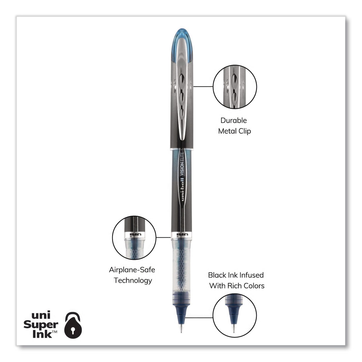 uni-ball - Vision Elite Roller Ball Stick Water-Proof Pen, Blue/Black Ink, Super Fine, Sold as 1 EA