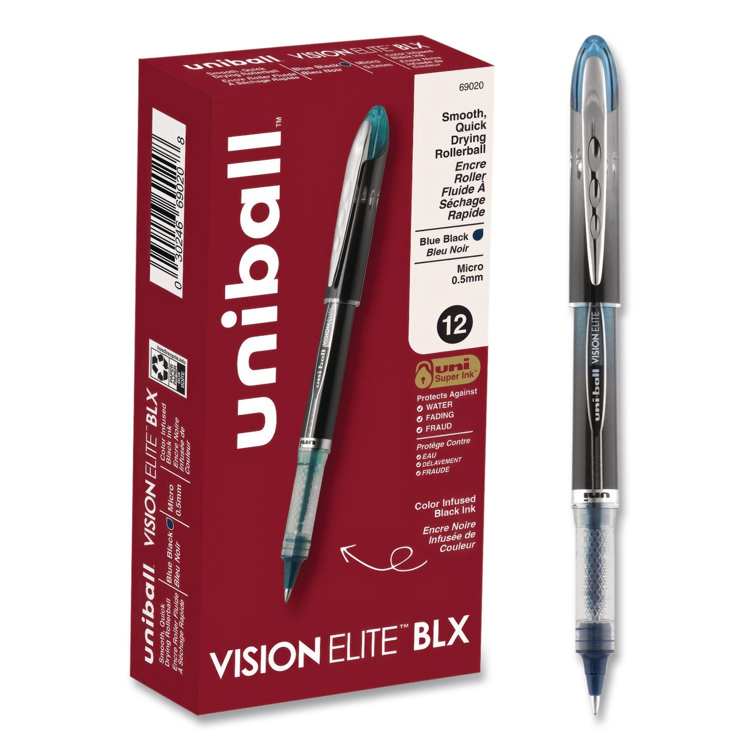 uniball Vision Elite BLX Rollerball Pen - Micro Pen Point - 0.5 mm Pen Point Size - Black/Blue Pigment-based Ink - 1 Dozen